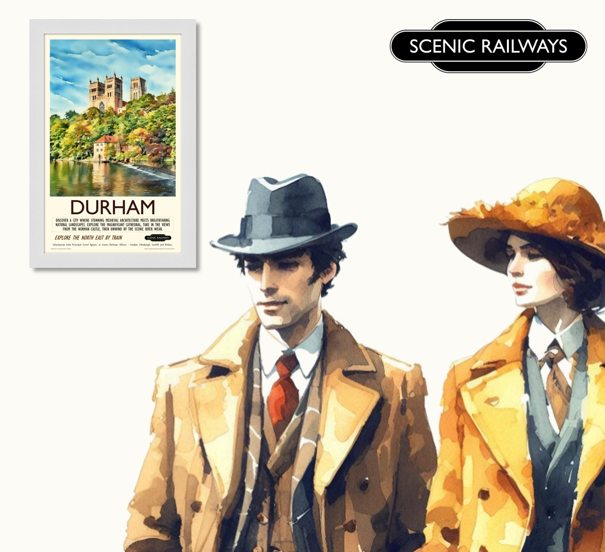 Vintage travel poster- Durham, The Cathedral and River Wear - Scenic Railways