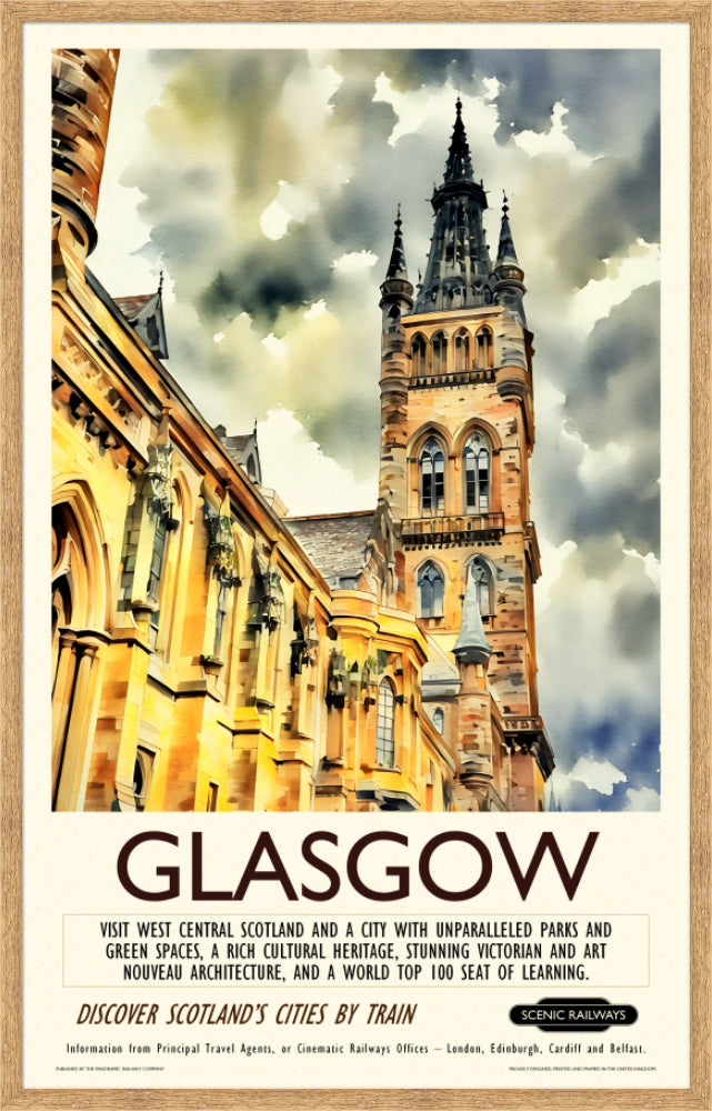 Vintage travel poster- Glasgow - The University Bell Tower - Scenic Railways