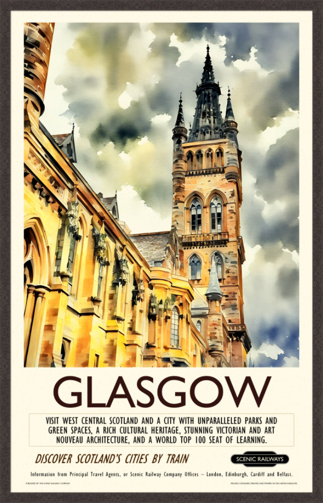 Vintage travel poster- Glasgow - The University Bell Tower - Scenic Railways