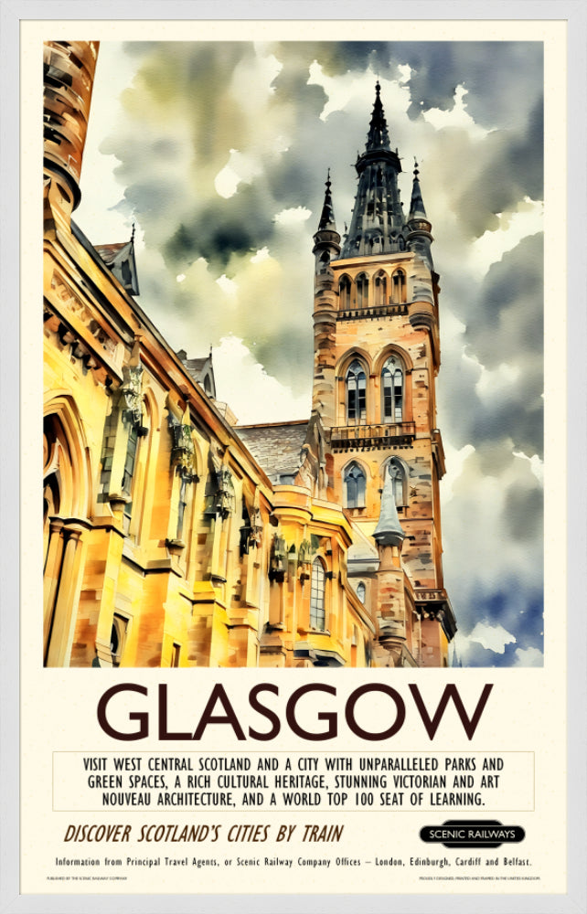 Vintage travel poster- Glasgow - The University Bell Tower - Scenic Railways