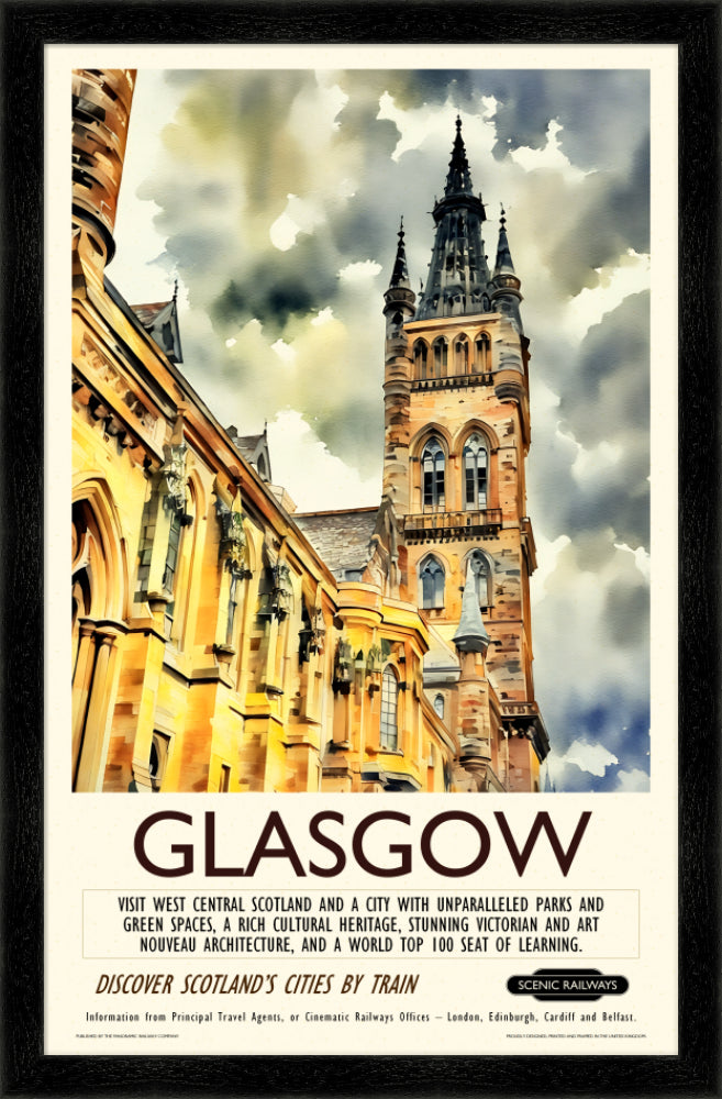 Vintage travel poster- Glasgow - The University Bell Tower - Scenic Railways