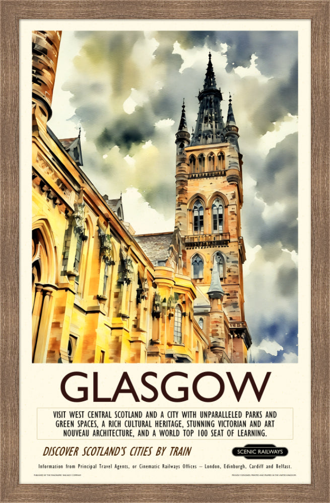 Vintage travel poster- Glasgow - The University Bell Tower - Scenic Railways