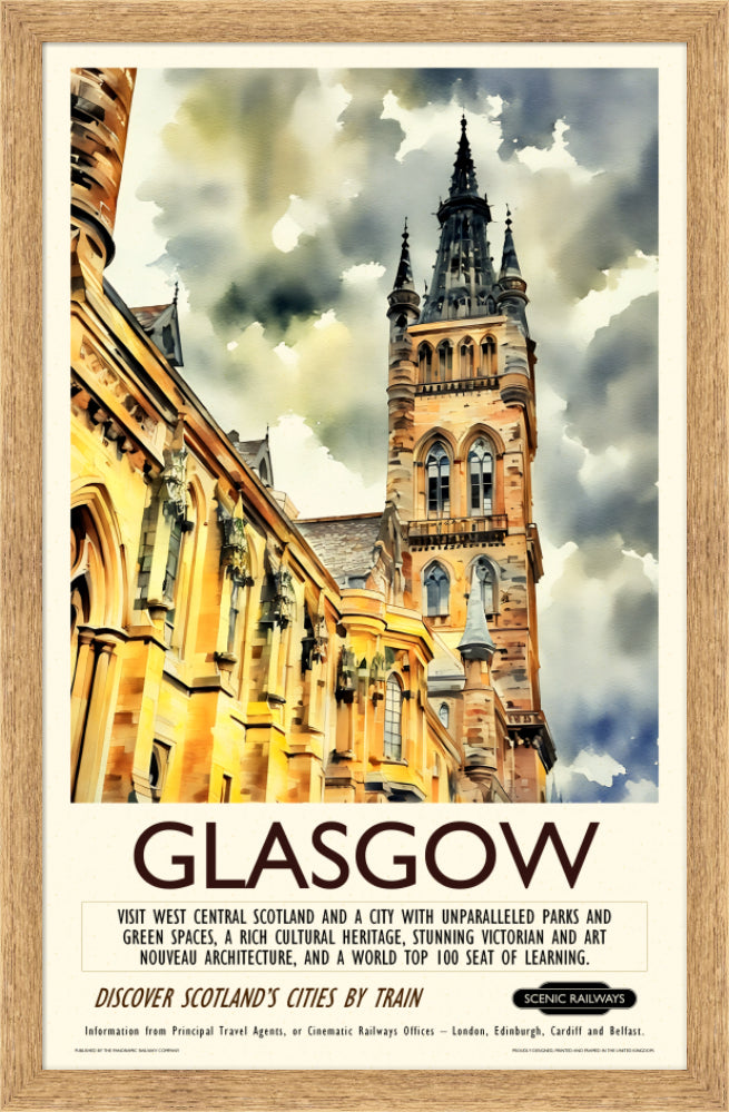 Vintage travel poster- Glasgow - The University Bell Tower - Scenic Railways