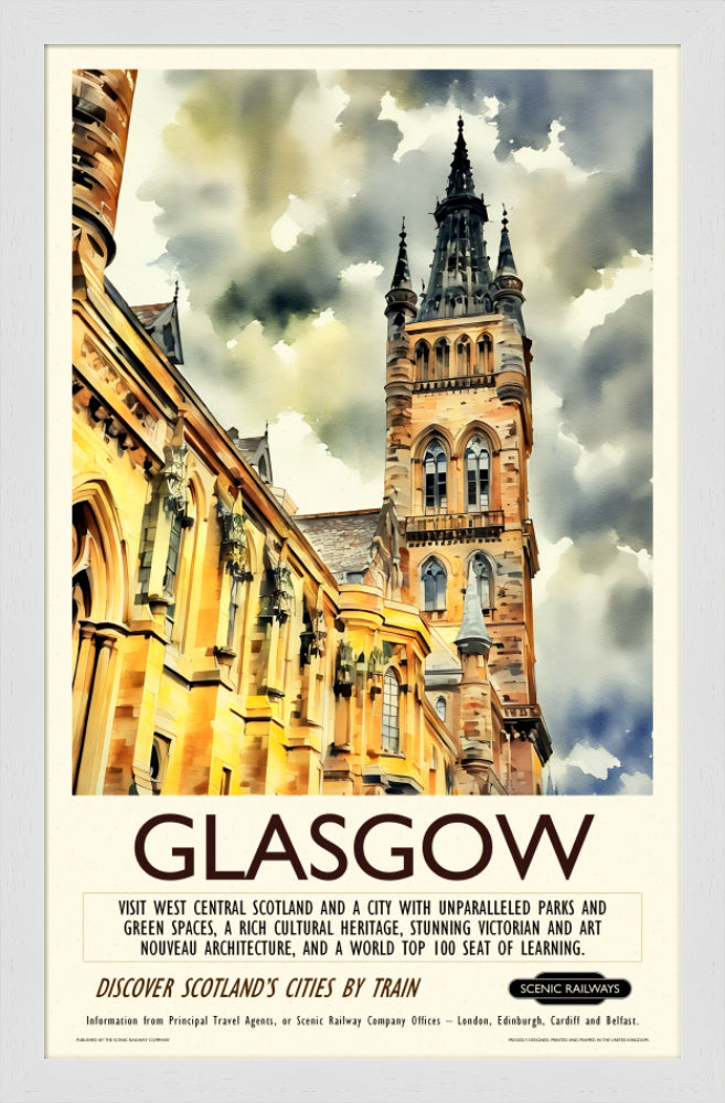 Vintage travel poster- Glasgow - The University Bell Tower - Scenic Railways