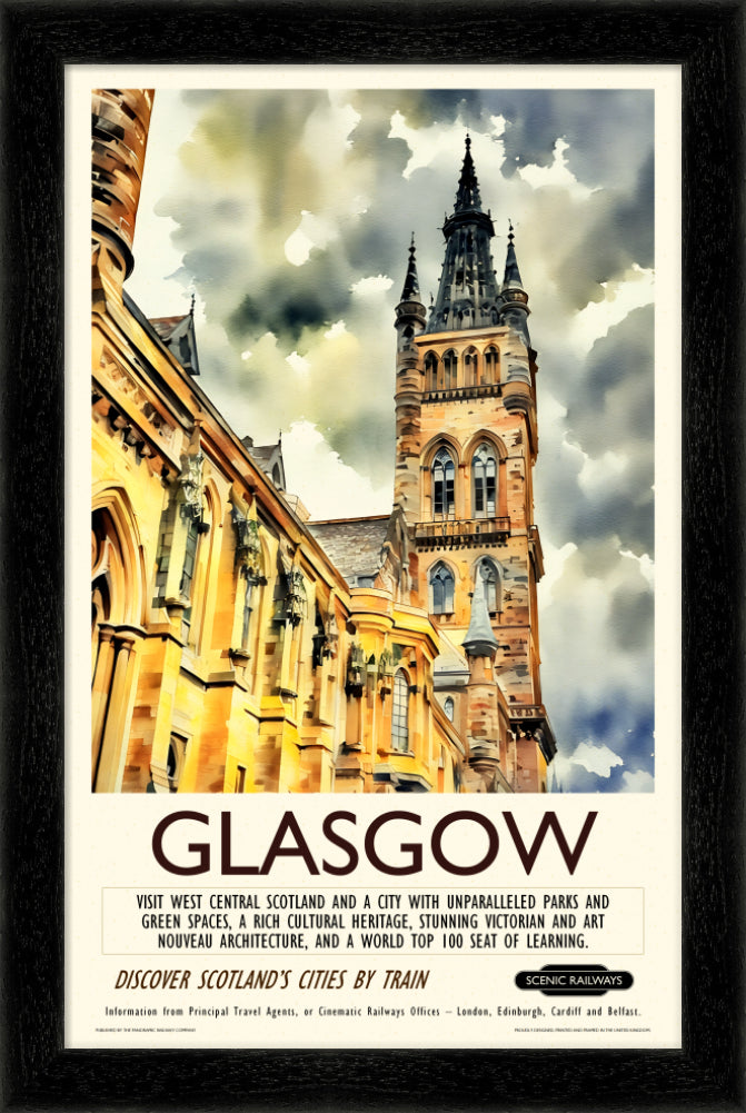 Vintage travel poster- Glasgow - The University Bell Tower - Scenic Railways