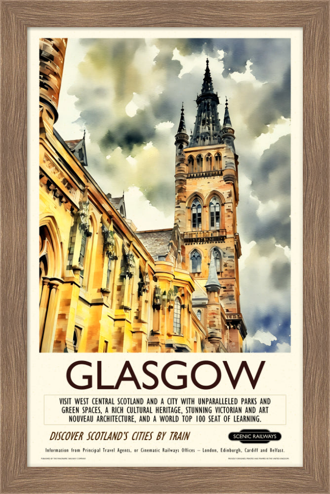 Vintage travel poster- Glasgow - The University Bell Tower - Scenic Railways