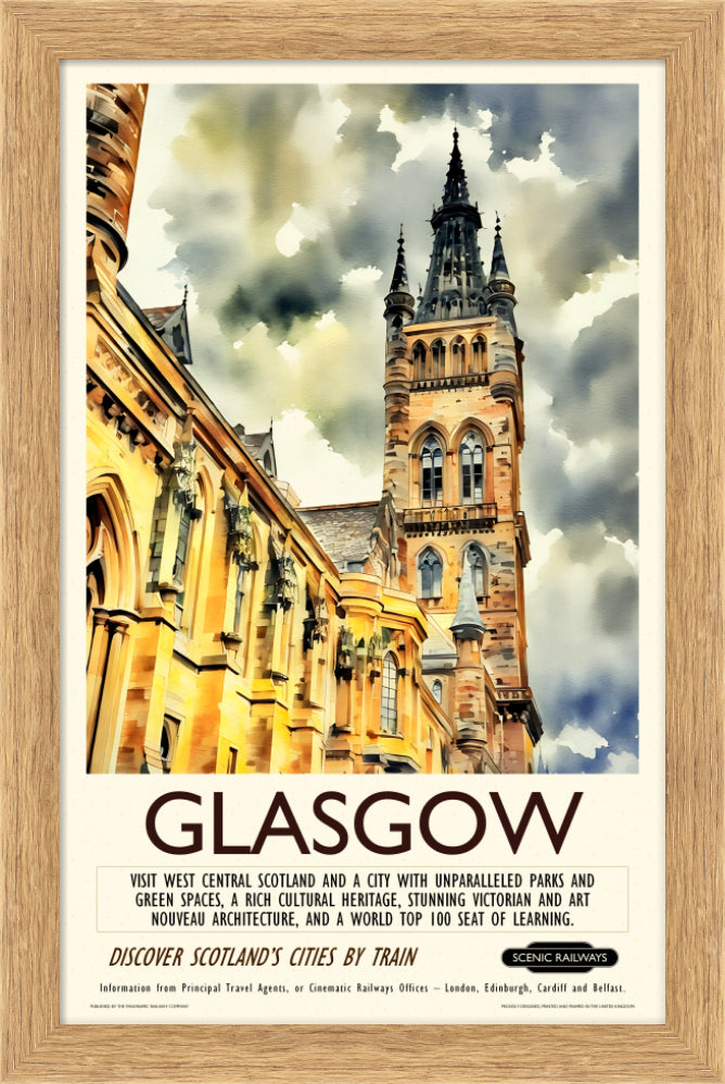 Vintage travel poster- Glasgow - The University Bell Tower - Scenic Railways