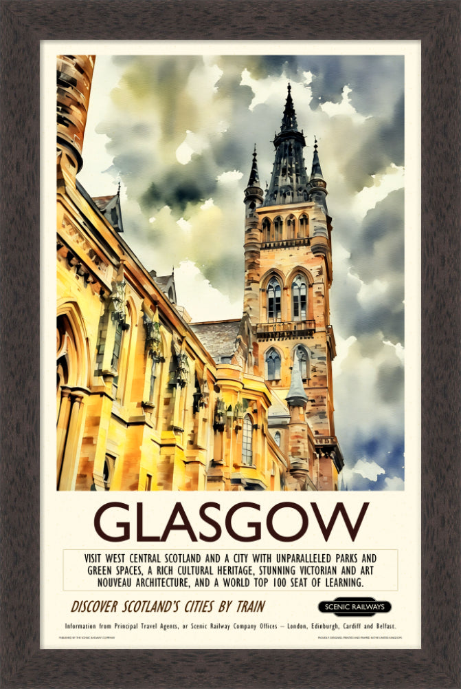 Vintage travel poster- Glasgow - The University Bell Tower - Scenic Railways