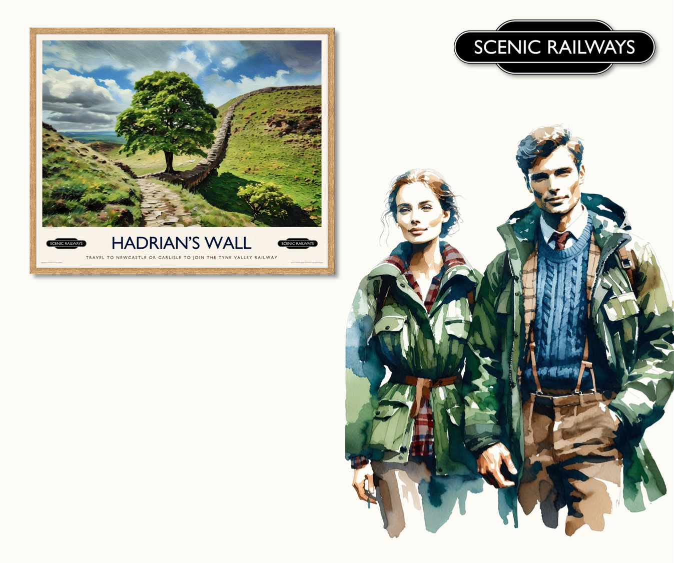 Vintage travel poster- Hadrian's Wall, Northumberland - Scenic Railways