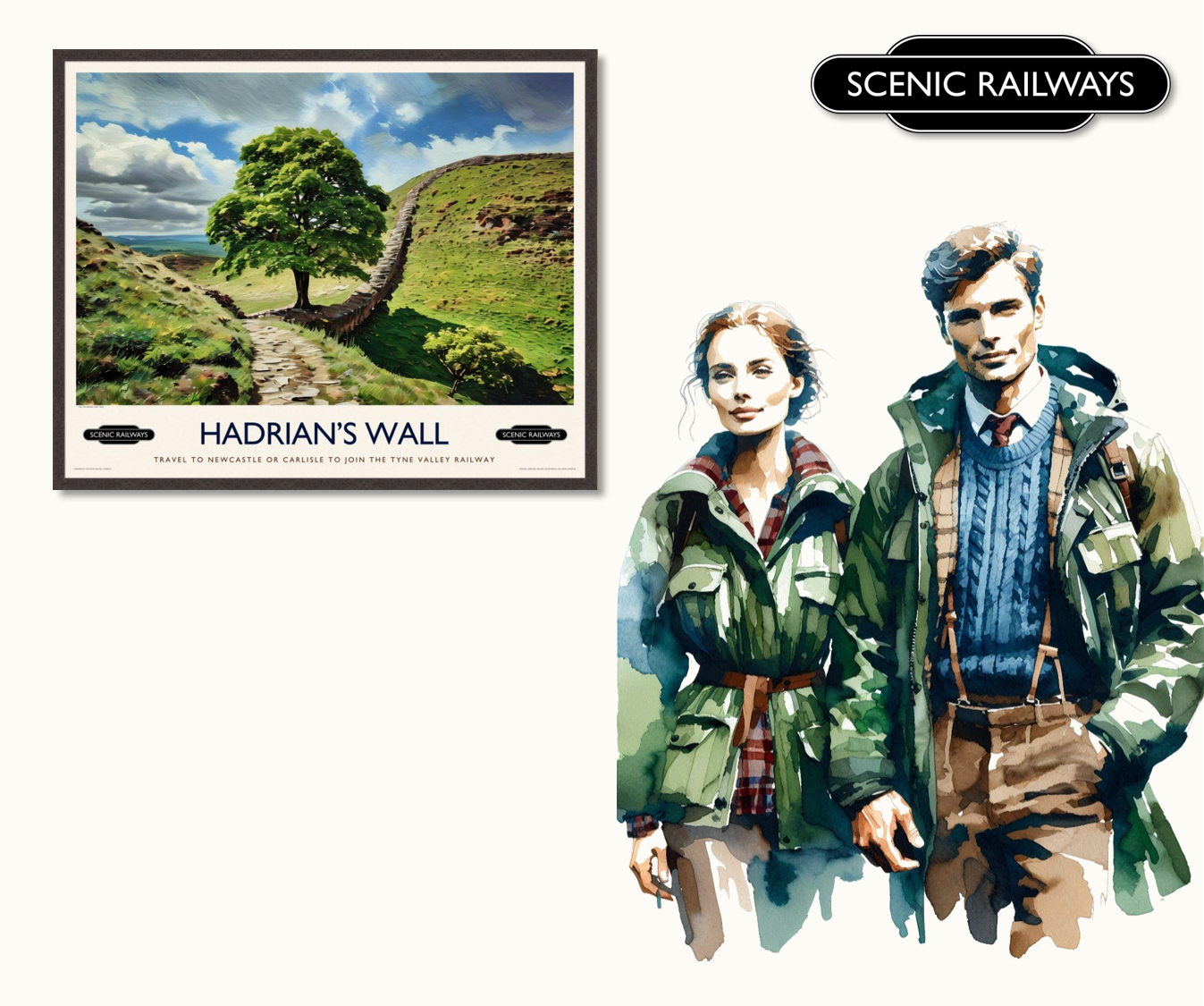 Vintage travel poster- Hadrian's Wall, Northumberland - Scenic Railways