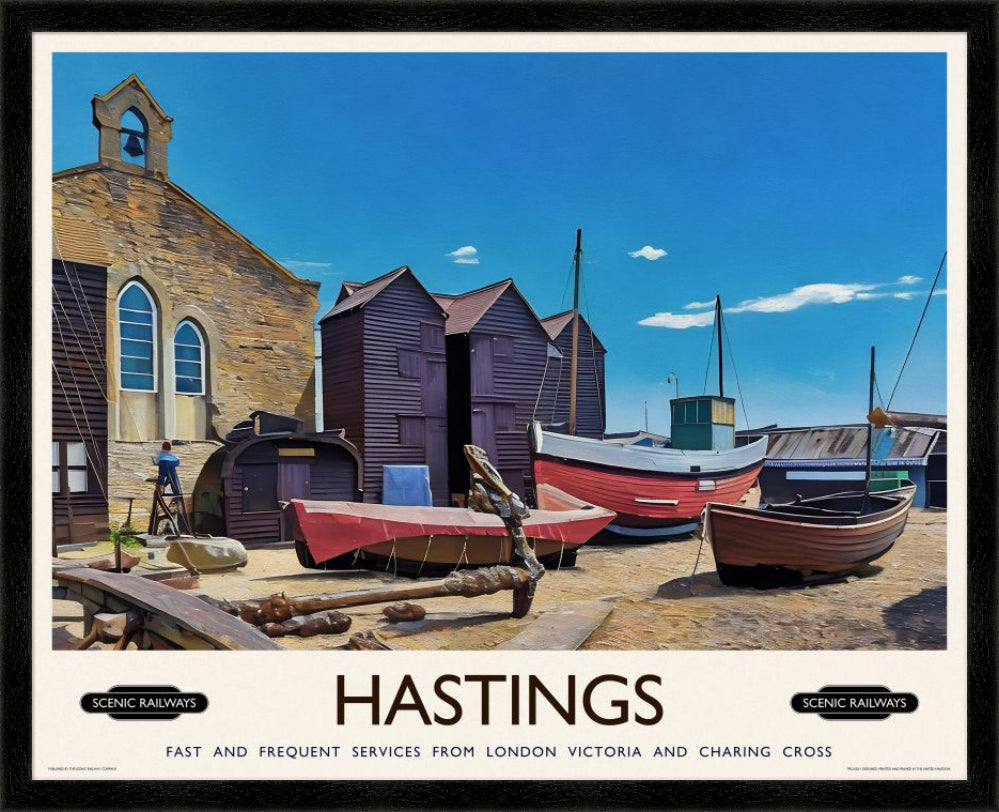 Vintage travel poster- Hastings, East Sussex - Scenic Railways