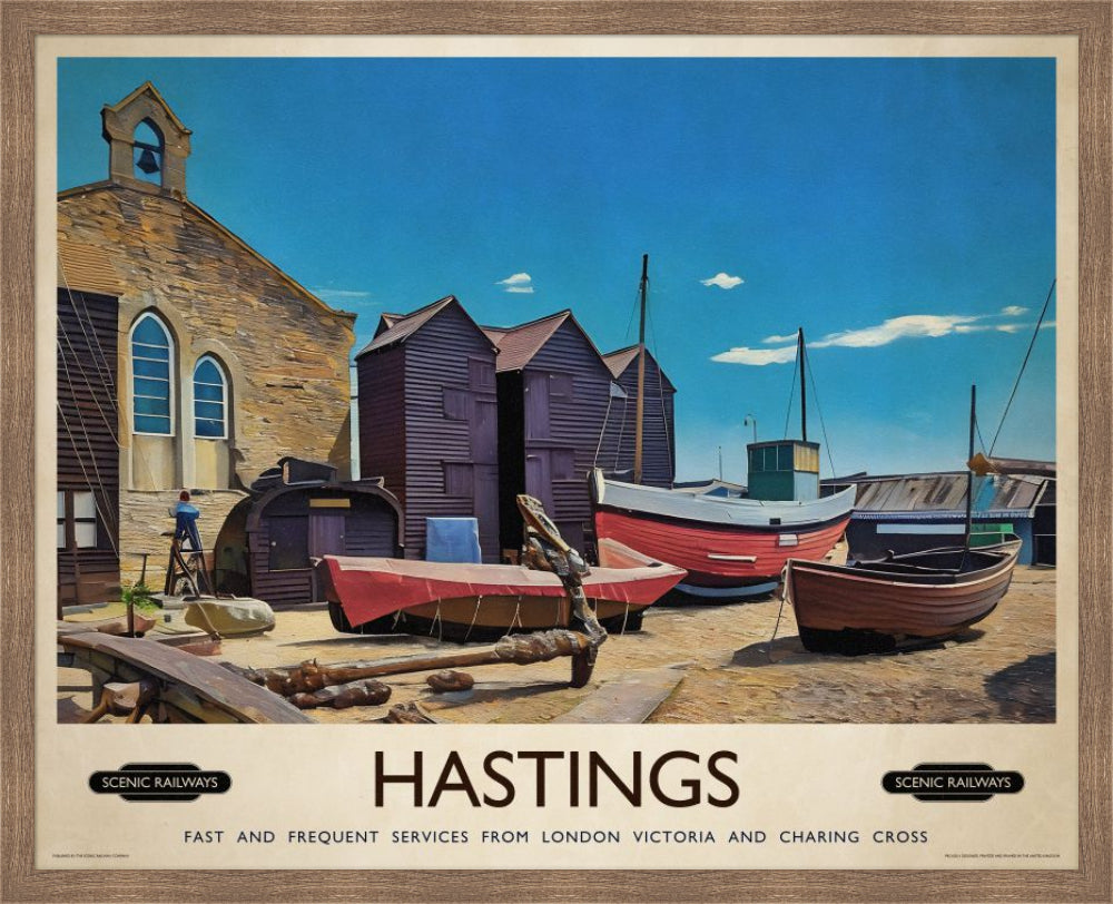 Vintage travel poster- Hastings, East Sussex - Scenic Railways