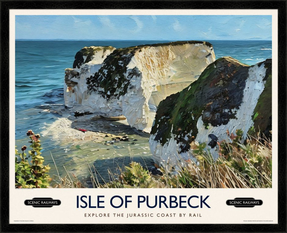 Vintage travel poster- Isle of Purbeck, Old Harry Rocks - Scenic Railways