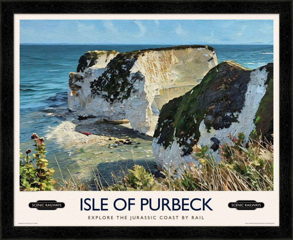 Vintage travel poster- Isle of Purbeck, Old Harry Rocks - Scenic Railways