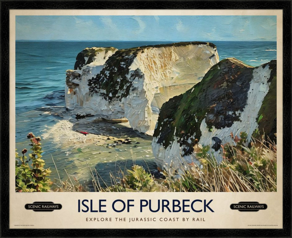 Vintage travel poster- Isle of Purbeck, Old Harry Rocks - Scenic Railways