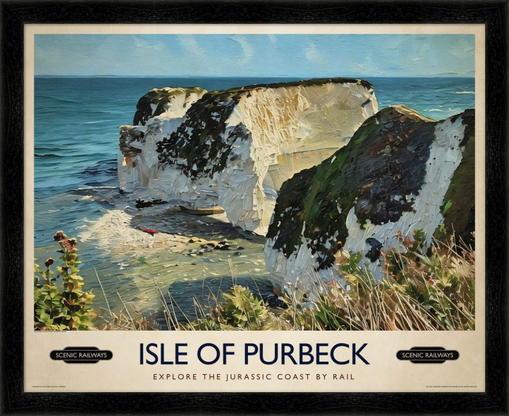 Vintage travel poster- Isle of Purbeck, Old Harry Rocks - Scenic Railways
