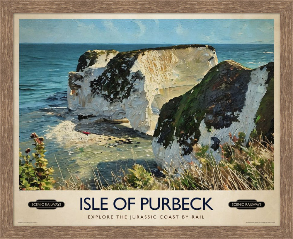 Vintage travel poster- Isle of Purbeck, Old Harry Rocks - Scenic Railways