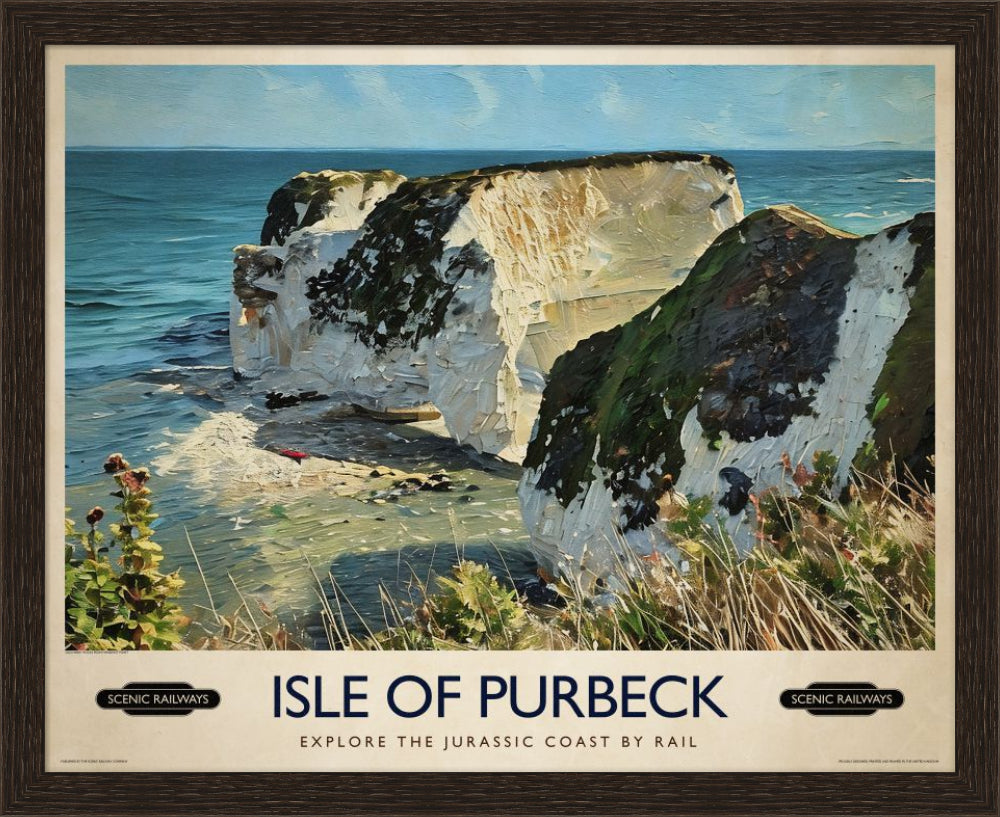 Vintage travel poster- Isle of Purbeck, Old Harry Rocks - Scenic Railways