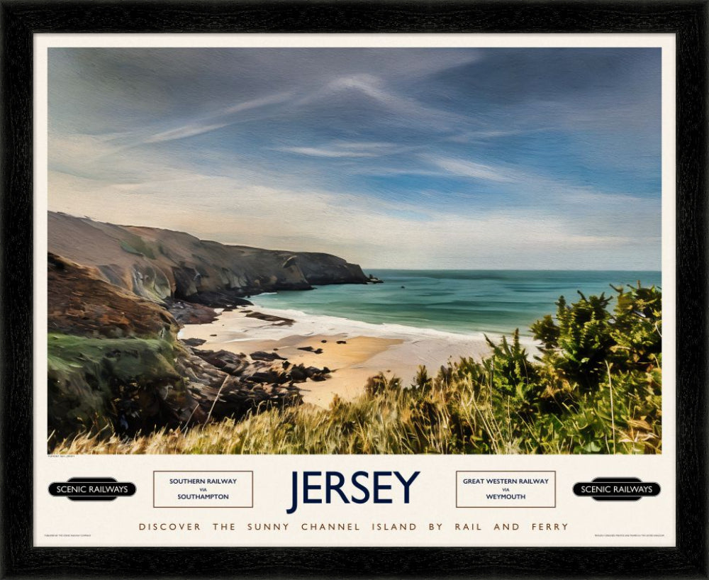 Vintage travel poster- Jersey, Plemont Bay - Scenic Railways