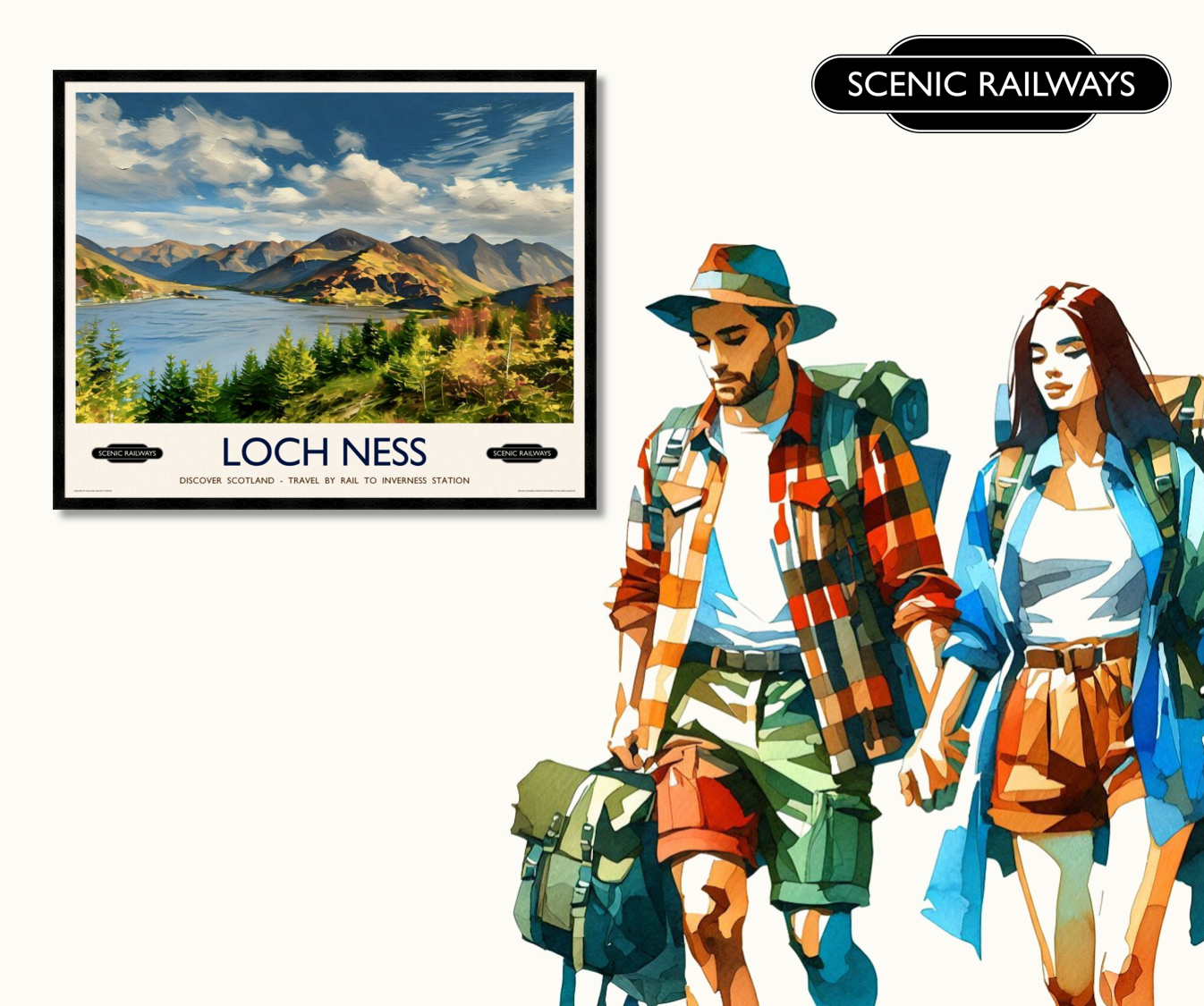 Vintage travel poster- Loch Ness, Scottish Highlands - Scenic Railways