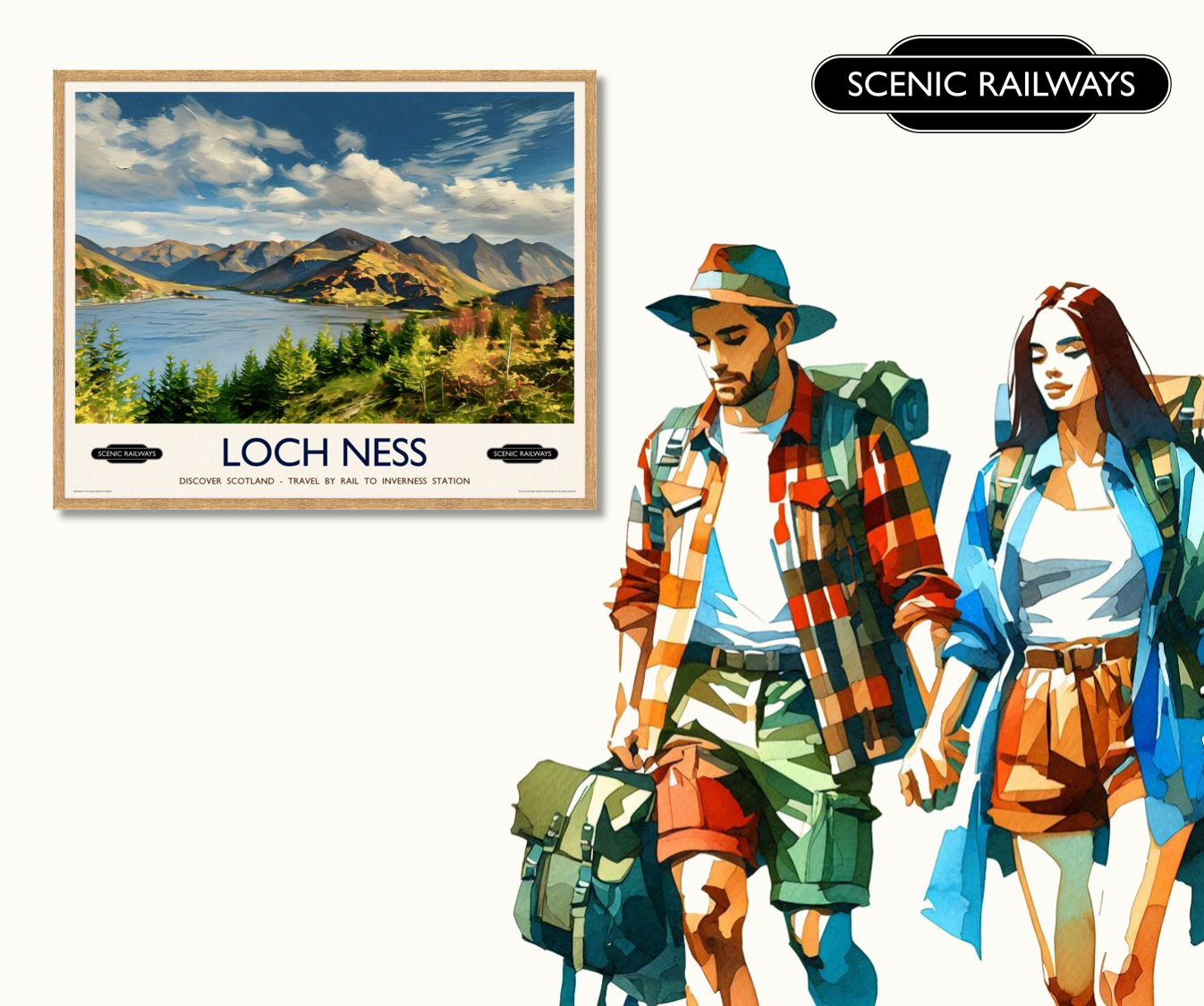 Vintage travel poster- Loch Ness, Scottish Highlands - Scenic Railways