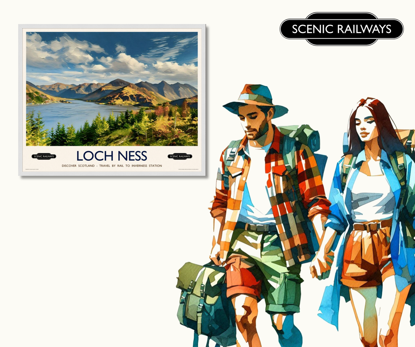 Vintage travel poster- Loch Ness, Scottish Highlands - Scenic Railways
