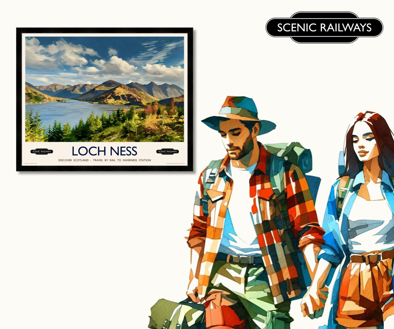 Vintage travel poster- Loch Ness, Scottish Highlands - Scenic Railways