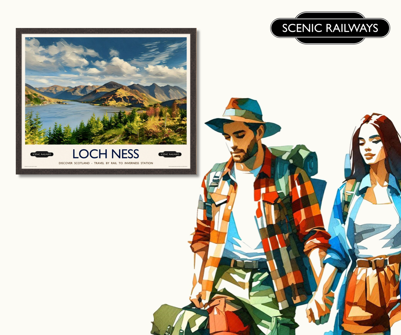 Vintage travel poster- Loch Ness, Scottish Highlands - Scenic Railways