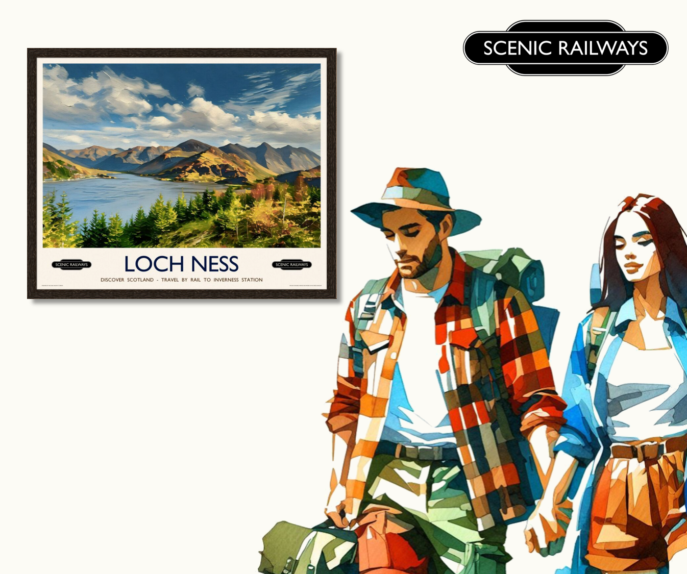 Vintage travel poster- Loch Ness, Scottish Highlands - Scenic Railways