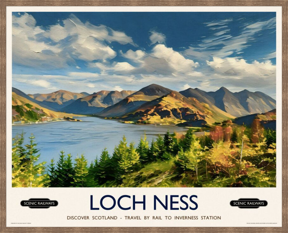Vintage travel poster- Loch Ness, Scottish Highlands - Scenic Railways