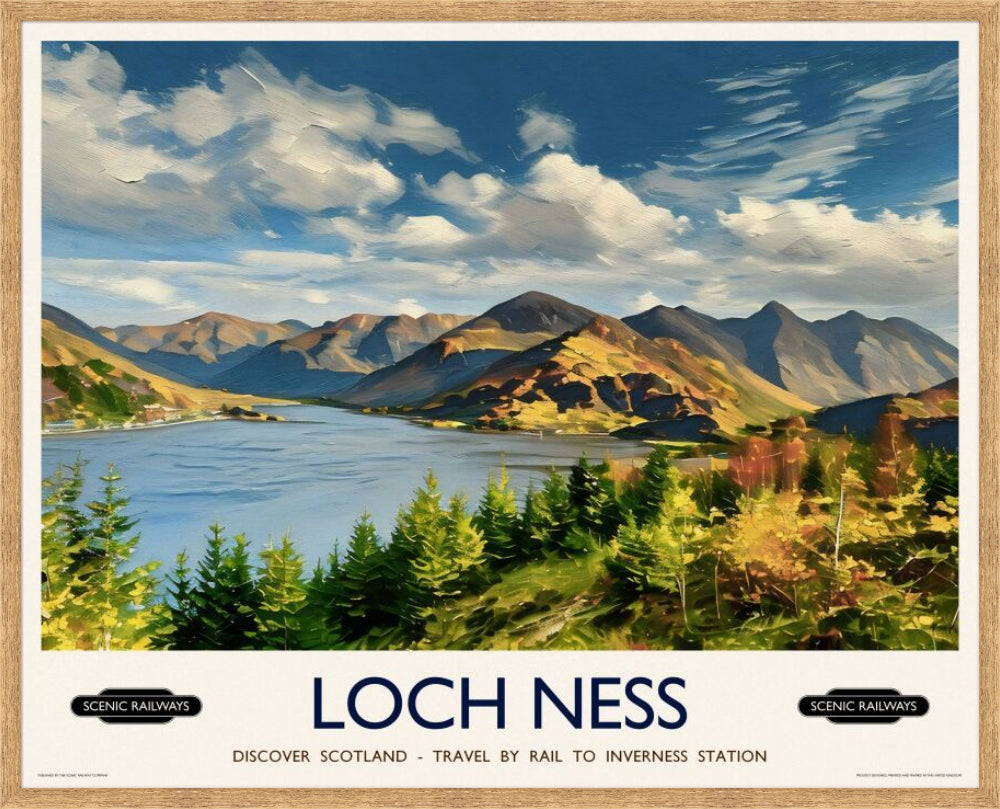 Vintage travel poster- Loch Ness, Scottish Highlands - Scenic Railways