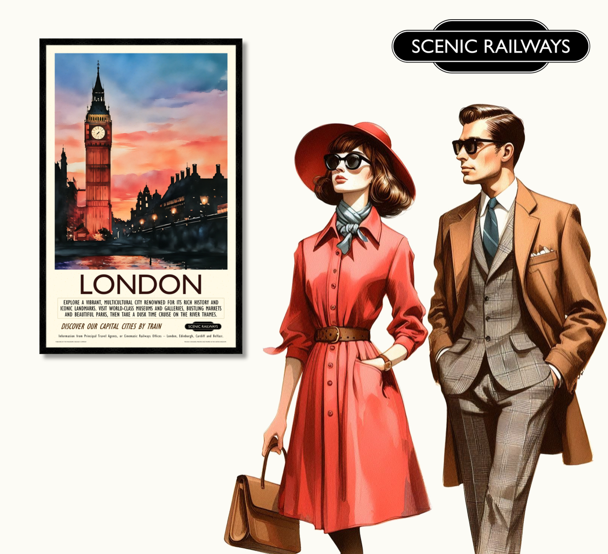 Vintage travel poster- London - Dusk at the Houses of Parliament - Scenic Railways