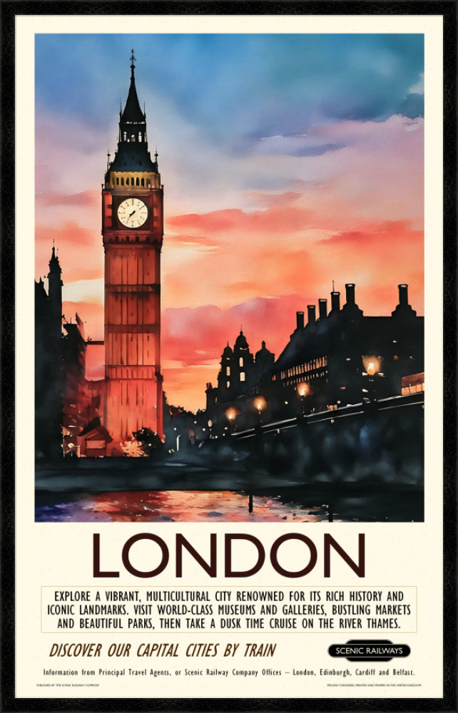 Vintage travel poster- London - Dusk at the Houses of Parliament - Scenic Railways