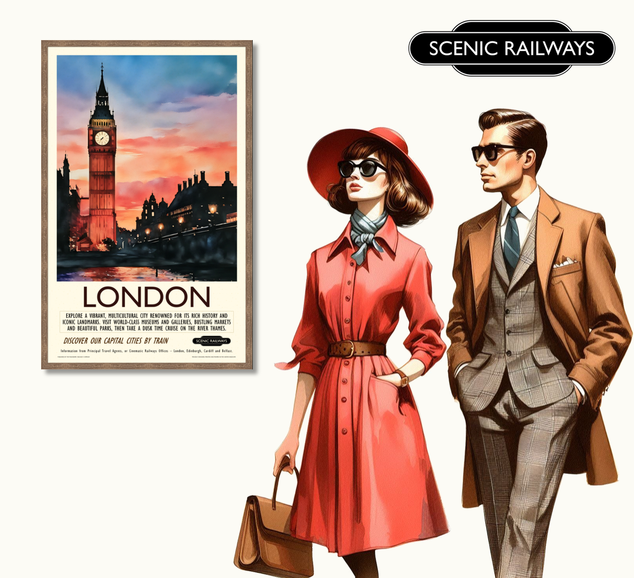 Vintage travel poster- London - Dusk at the Houses of Parliament - Scenic Railways