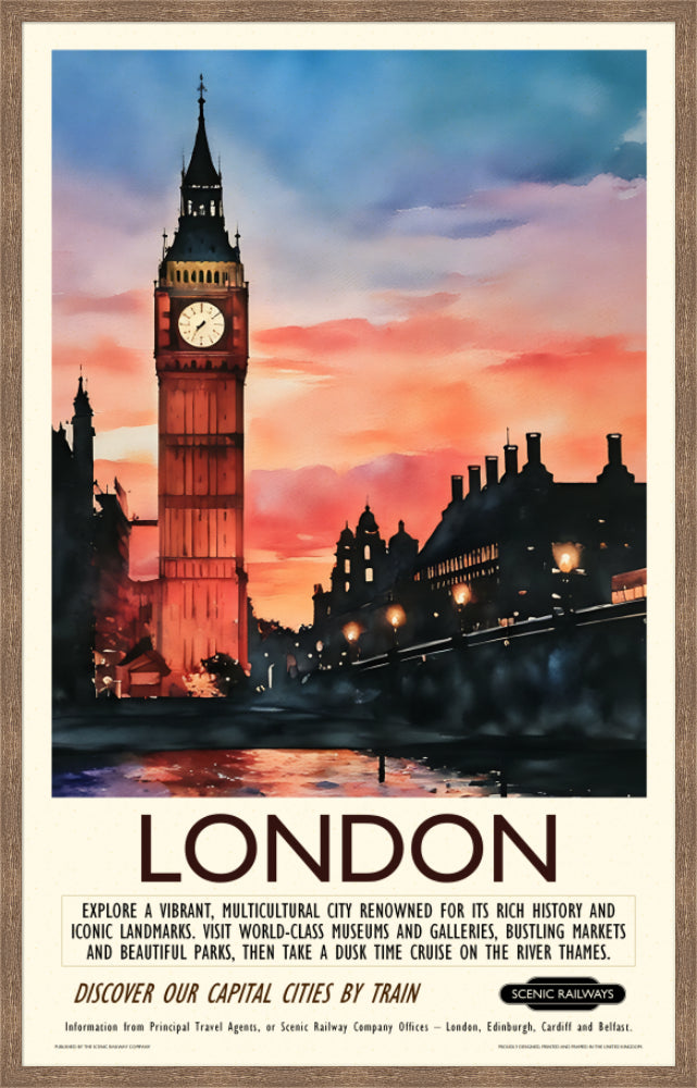 Vintage travel poster- London - Dusk at the Houses of Parliament - Scenic Railways