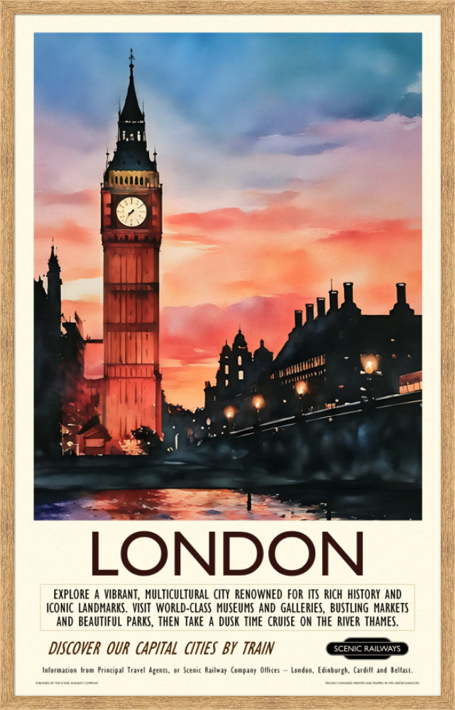 Vintage travel poster- London - Dusk at the Houses of Parliament - Scenic Railways