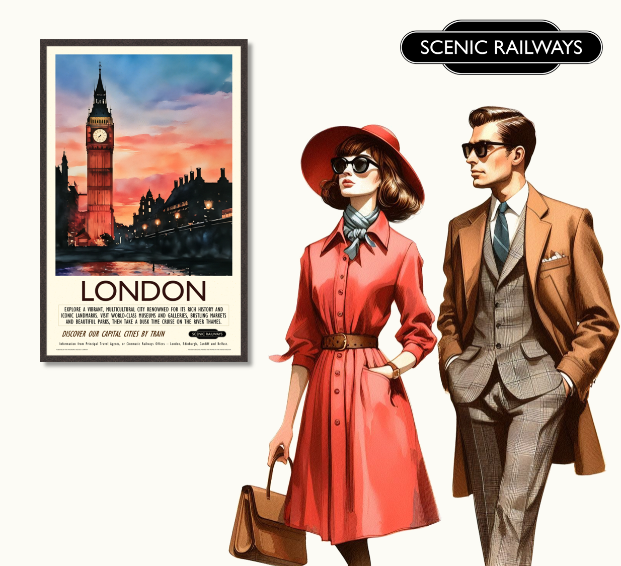 Vintage travel poster- London - Dusk at the Houses of Parliament - Scenic Railways
