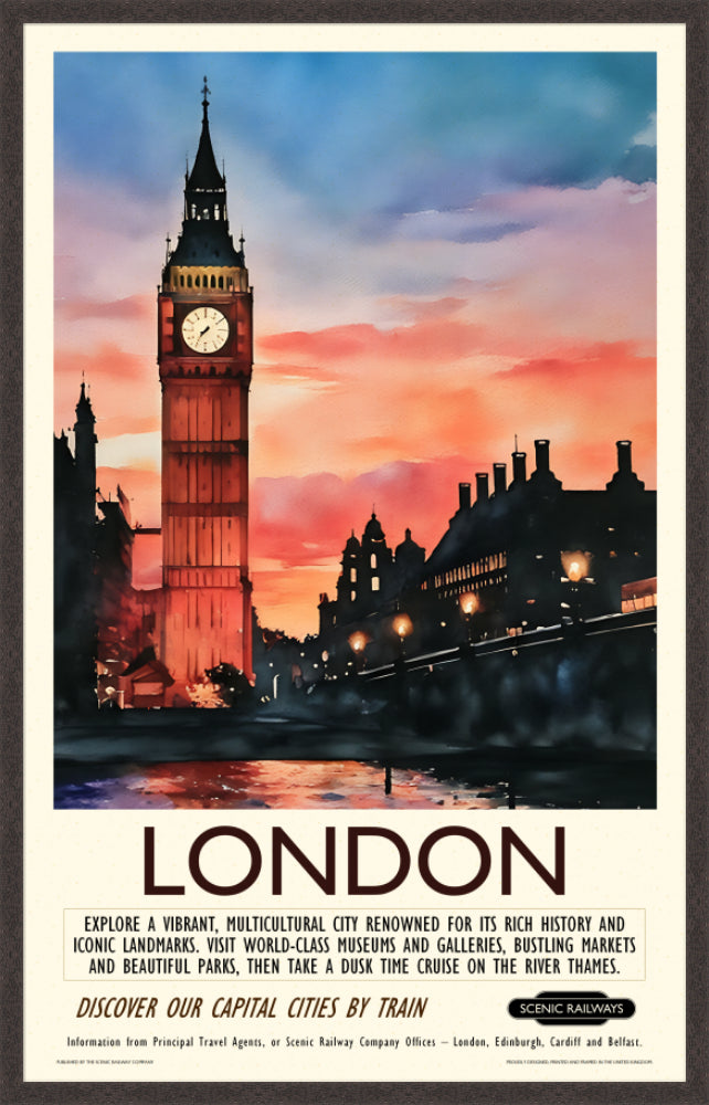 Vintage travel poster- London - Dusk at the Houses of Parliament - Scenic Railways
