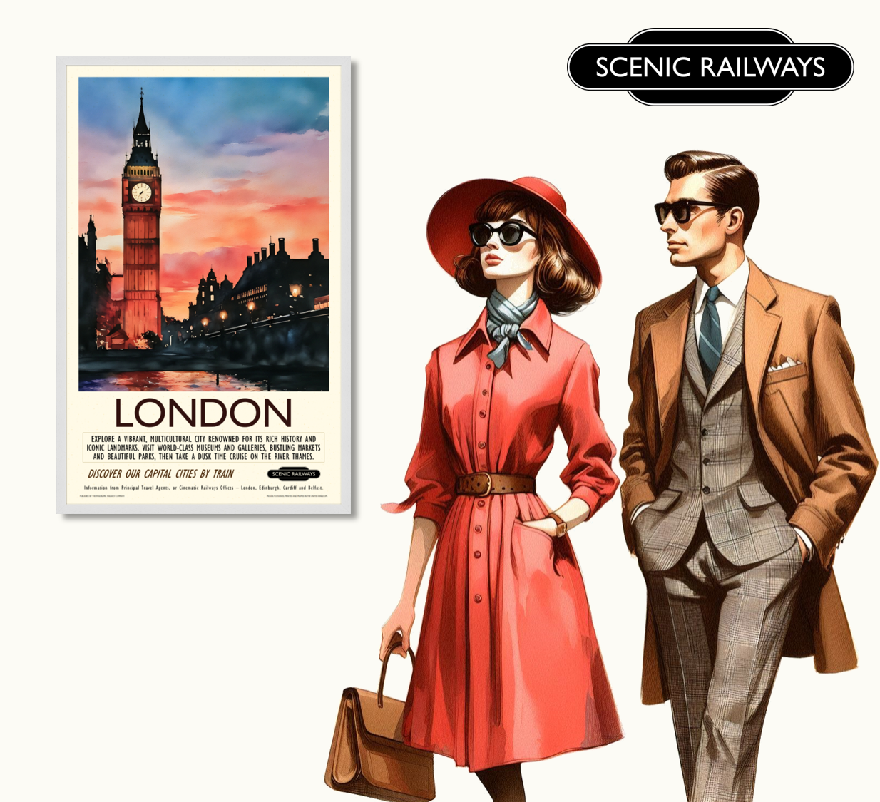 Vintage travel poster- London - Dusk at the Houses of Parliament - Scenic Railways