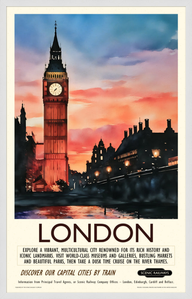 Vintage travel poster- London - Dusk at the Houses of Parliament - Scenic Railways