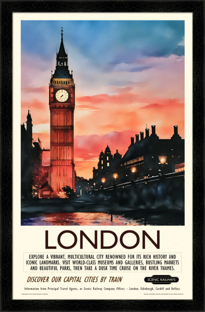 Vintage travel poster- London - Dusk at the Houses of Parliament - Scenic Railways