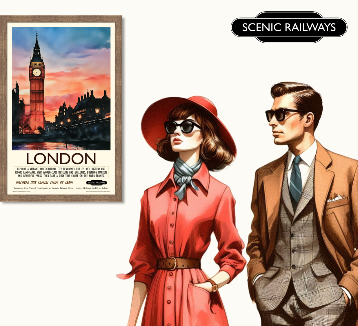 Vintage travel poster- London, Dusk at the Houses of Parliament - Scenic Railways