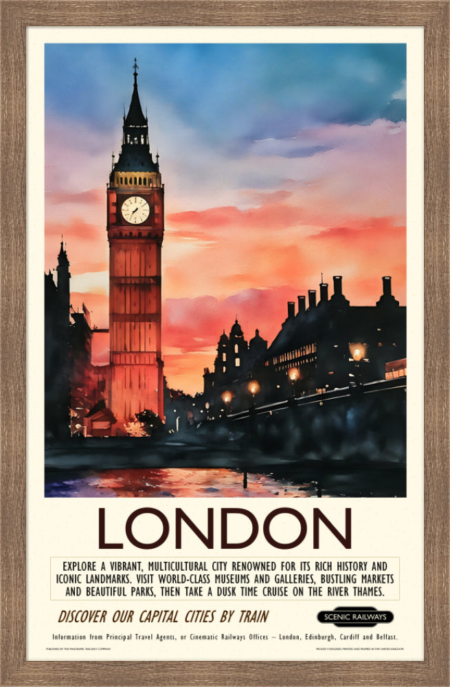 Vintage travel poster- London, Dusk at the Houses of Parliament - Scenic Railways