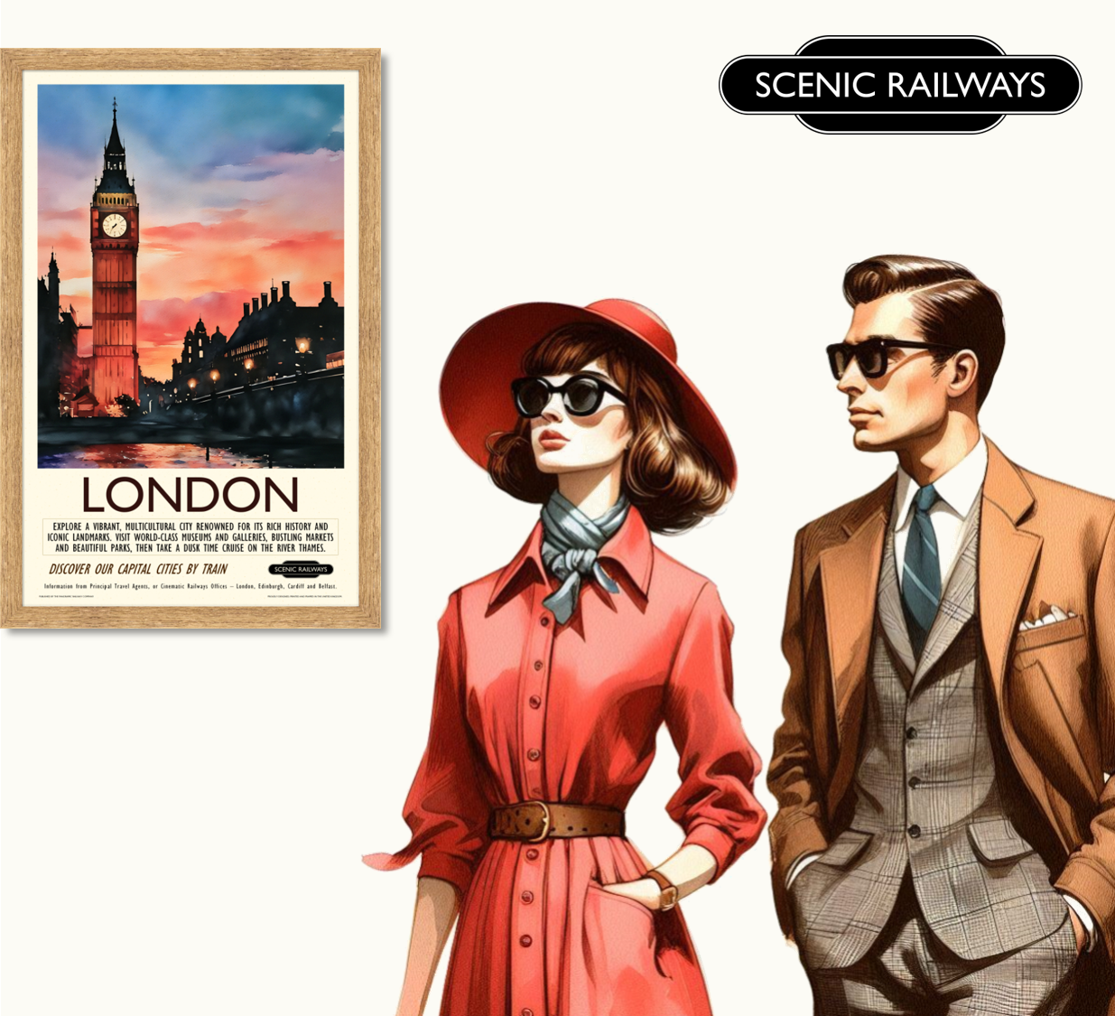 Vintage travel poster- London, Dusk at the Houses of Parliament - Scenic Railways