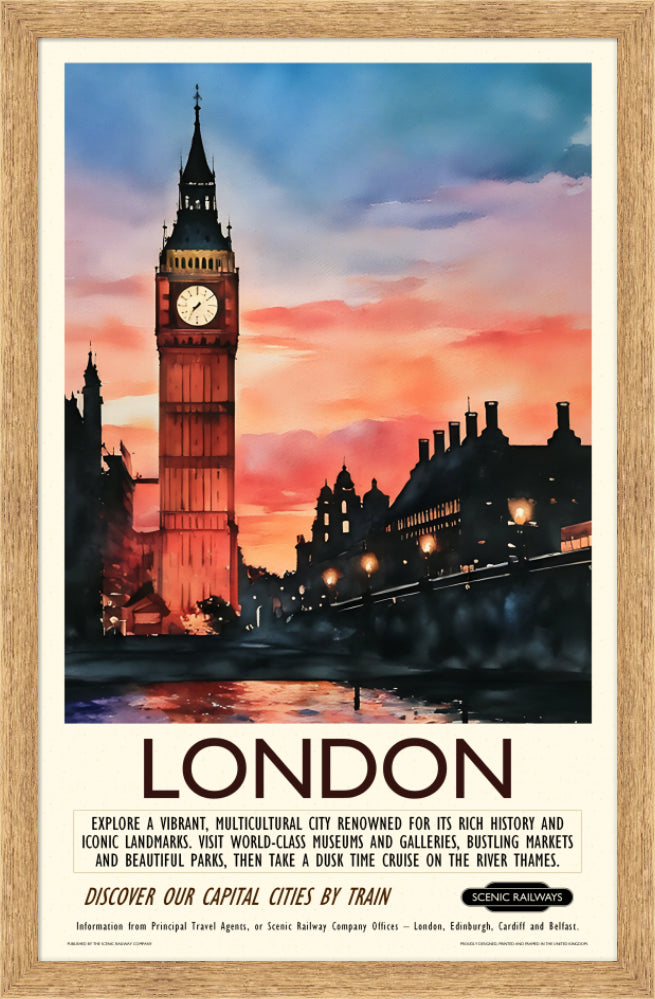 Vintage travel poster- London - Dusk at the Houses of Parliament - Scenic Railways