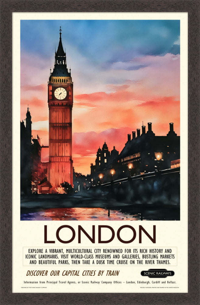 Vintage travel poster- London - Dusk at the Houses of Parliament - Scenic Railways