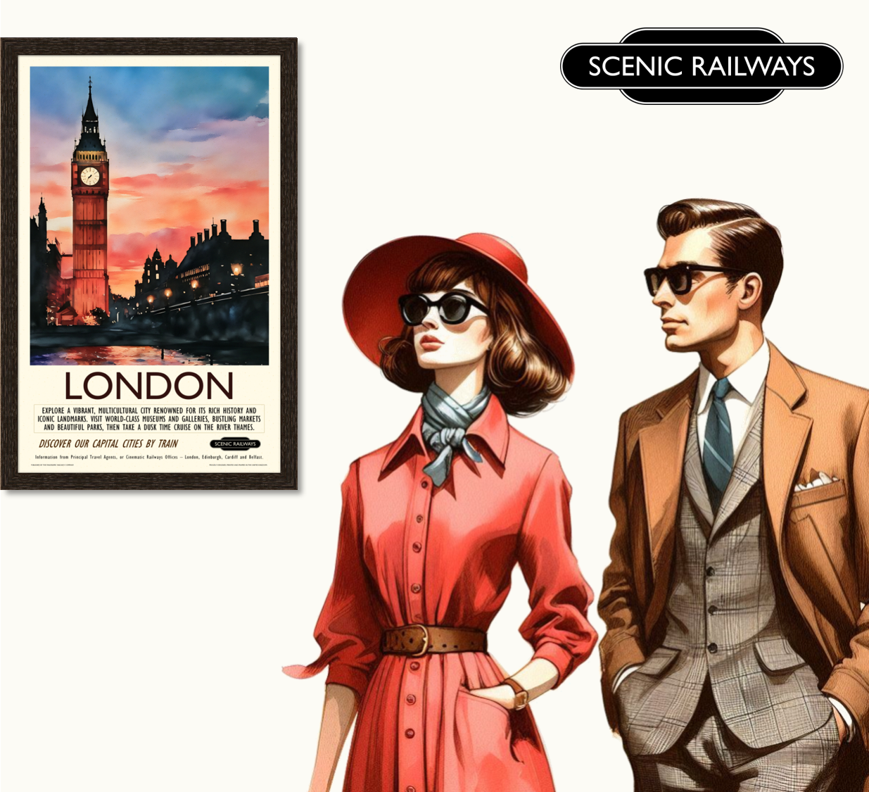 Vintage travel poster- London - Dusk at the Houses of Parliament - Scenic Railways