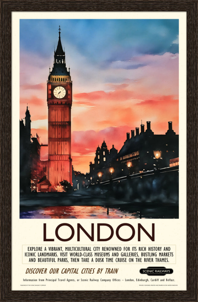 Vintage travel poster- London - Dusk at the Houses of Parliament - Scenic Railways