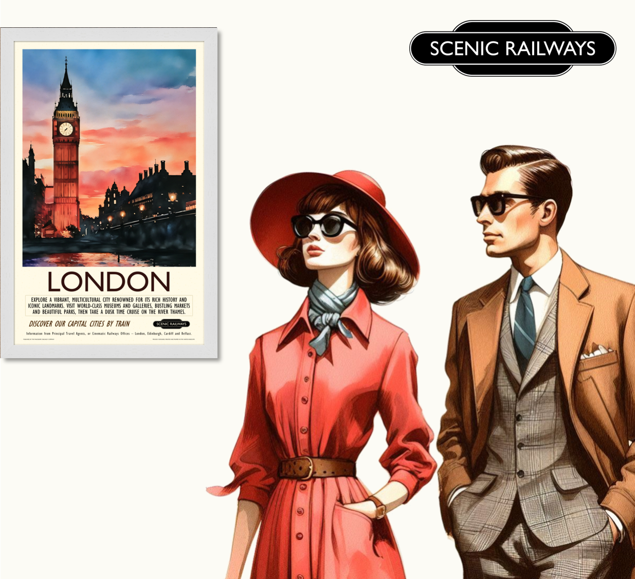Vintage travel poster- London, Dusk at the Houses of Parliament - Scenic Railways