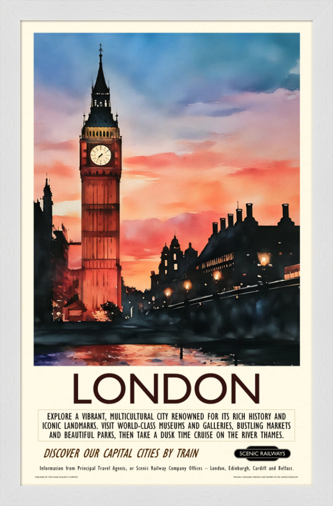 Vintage travel poster- London - Dusk at the Houses of Parliament - Scenic Railways